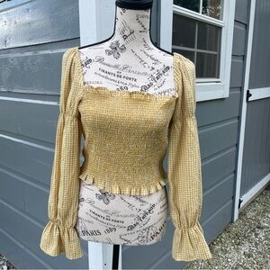 Urban Outfitters Yellow Gingham Smocked Blouse‎